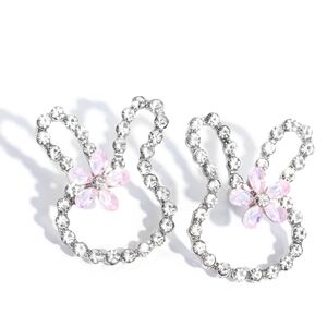 Crystal Bunny Hoop Earrings with Pink Floral Accent